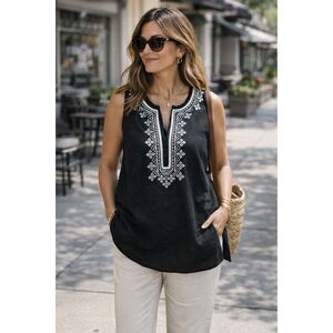 Talbots 14W Linen Blend Black Embroidered Tunic Top Sleeveless Boho 28” 2x